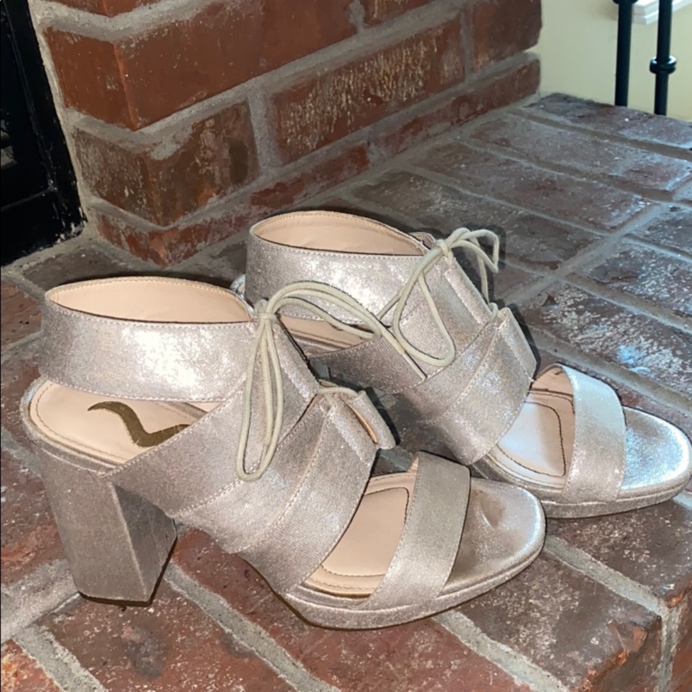 silver/rose gold block heels
